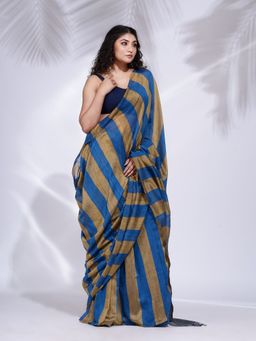 CHARUKRITI - Sapphire Blue and Mustard Pure Cotton Handwoven Saree Pallu with Unstitched Blouse