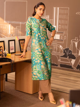 Libas - Blue Printed Silk Blend Straight Kurtas for Women