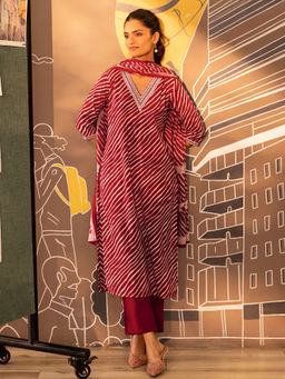 Libas - Red Striped Printed Straight Kurta with Pant and Dupatta (Set of 3)