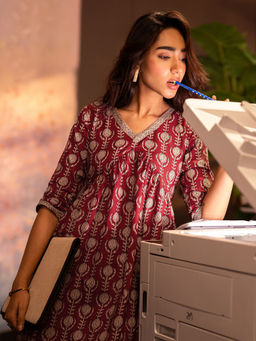 Libas - Maroon Printed Cotton A-Line Kurta Set for Women