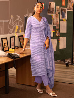 Libas - Women's Lavender Printed Straight Fit Kurta with Pant and Dupatta (Set of 3)