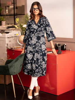 Libas - Black Printed Cotton Straight Kurtas for Women