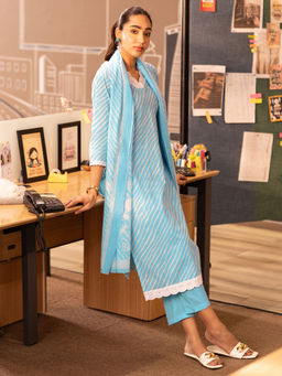 Libas - Womens Printed Blue Kurta With Pant And Dupatta (Set of 3)