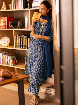 Libas - Womens Floral Navy Blue Kurta With Pant And Dupatta (Set of 3)