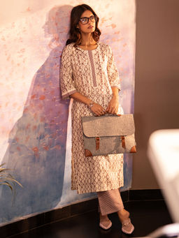 Libas - Off White Printed Silk Blend Straight Kurta Set for Women