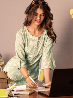 Libas - Green Printed Cotton Blend Straight Kurta Sets for Women