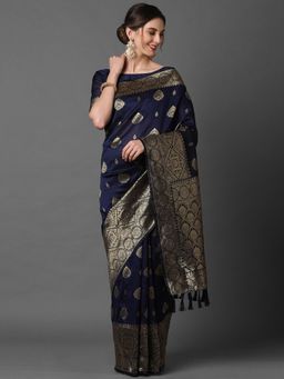 Akhilam - Nevy Blue Festive Silk Blend Woven Design Saree with Unstitched