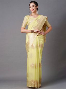 Odette - Light Yellow Festive Silk Blend Woven Design Saree with Unstitched Blouse