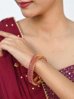 Ratnavali Jewels - Gold Plated American Diamond Pink Cubic Zirconia Bangle Set