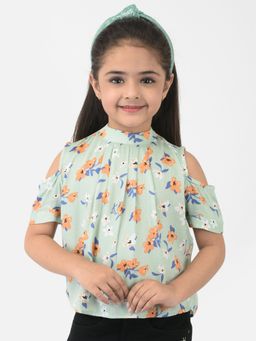 CRIMSOUNE CLUB - Girls Green Cold Shoulder Sleeves Floral Printed Top