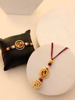 PANASH - Red Stones Studded and Pearl Rakhi Gift Set