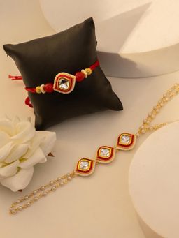PANASH - Red Stylish Kundan Stones Studded and Pearl Rakhi Gift Set