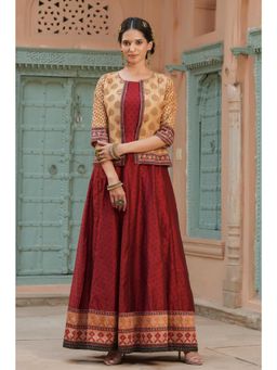 Scakhi - Maroon Banarasi Kora Silk Ajrakh Printed Maxi Dress with Jacket (Set of 2)