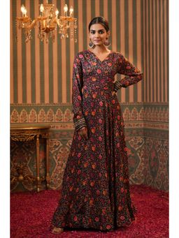 Scakhi - Black Muslin Silk Floral Pleated Anarkali Gown