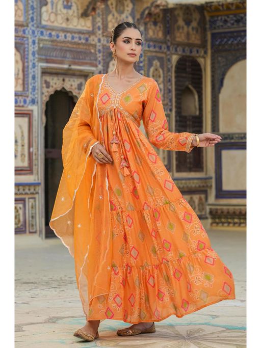Buy Scakhi Orange Muslin Silk Bandhani Maxi Dress with Dupatta (Set of 2) (M) Online Buy Scakhi Orange Muslin Silk Bandhani Maxi Dress with Dupatta (Set of 2) (M) Online