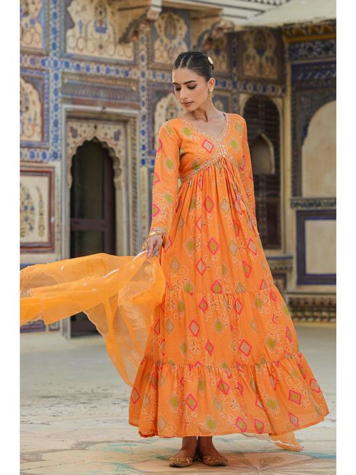 chinese dress ladies Buy Shadow & Sand Handblock Printed Bandhani Dress With Cape