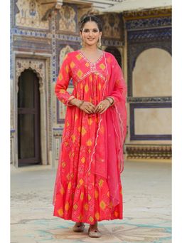 Scakhi - Coral Muslin Silk Bandhani Maxi Dress with Dupatta (Set of 2)