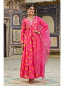 Scakhi - Pink Muslin Silk Bandhani Maxi Dress with Dupatta (Set of 2)
