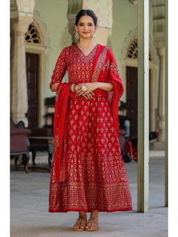 Scakhi - Maroon Korwaki Silk Printed Maxi Dress with Dupatta (Set of 2)