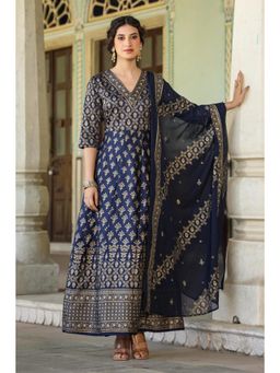 Scakhi - Navy Korwaki Silk Printed Navy Blue Maxi Dress with Dupatta (Set of 2)