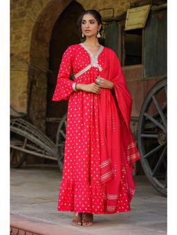 Scakhi - Red Cotton Jacquard Maxi Dress with Dupatta (Set of 2)
