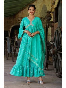 Scakhi - Turquoise Cotton Jacquard Maxi Dress with Dupatta (Set of 2)