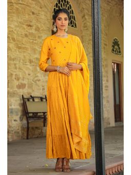 Scakhi - Mustard Cotton Jacquard Tiered Maxi Dress with Dupatta (Set of 2)