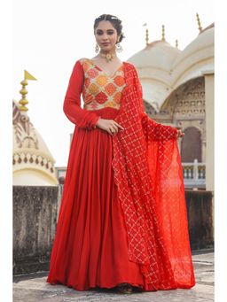 Scakhi - Orange Chinon Silk Solid and Bandhani Gown with Dupatta (Set of 2)