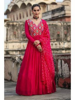 Scakhi - Pink Chinon Silk Solid and Bandhani Gown with Dupatta (Set of 2)