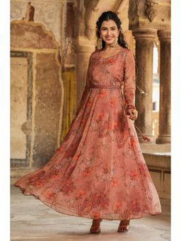 Scakhi - Brown Organza Floral Gown with Belt (Set of 2)