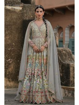 Scakhi - Pista Green Raw Silk Peacock Bagh Gown with Dupatta (Set of 2)