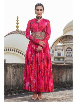 Scakhi - Pink Chinon Silk Floral Gown with Embellished Belt (Set of 2)