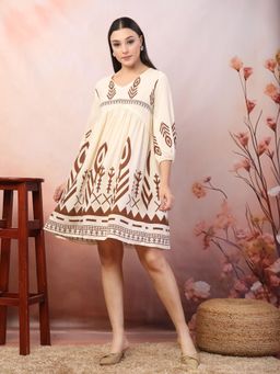 Stylum - Women's Printed Brown Rayon Flared Mini Dress