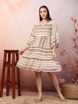 Stylum - Women's Printed Brown Rayon Tiered Mini Dress