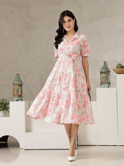 Stylum - Women's Pastel Pink Printed Cotton Flared Midi Dress with Belt (Set of 2)