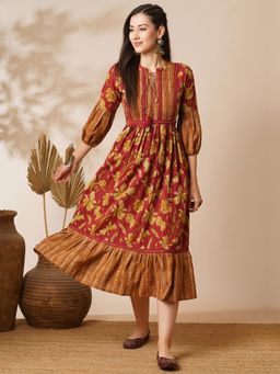 Globus - Women Red Floral Pleated Tiered A-Line Midi Fusion Dress