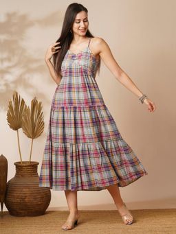 Globus - Women Multi Floral Embroidered Mid-Riff Yoke Chequered Tiered A-Line Midi Fusion Dress
