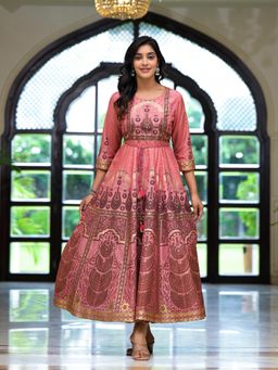 Juniper - Onion Pink Santoon Printed Fit and Flare Maxi Dress with Dori Tie-Up (Set of 2)