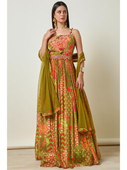 Soch - Green Floral Crepe Gathered Gown with Unstitched Sleeves, Dupatta and Belt (Set of 4)
