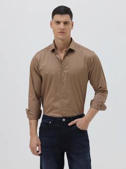 Crocodile - Mens Brown Solid Cotton Blend Casual Wear Shirt