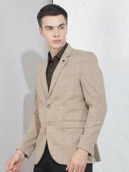 CRIMSOUNE CLUB - Mens Beige Checks Notched Lapel Blazer
