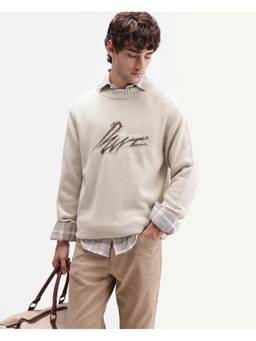 Rare Rabbit - Drok Mens Off White Textured Logo Sweater
