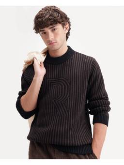 Rare Rabbit - Frim Mens Dark Brown Stripes Logo Knit Sweater