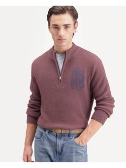 Rare Rabbit - Luca-A26 Mens Dusky Pink Printed Quarter Zip Sweater