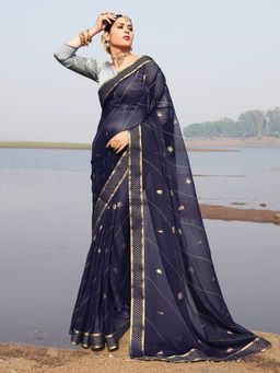 Akhilam - Women Chiffon Navy Blue Embellished Celebrity Saree with Unstitched Blouse