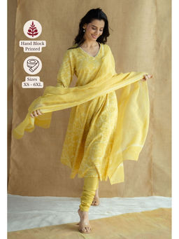 The Indian Ethnic Co. - Yellow Hand block Printed Cotton Kota Doria Dupatta