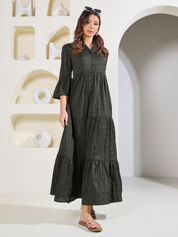 Styli - Womens Khaki Textured Mandarin Collar Tiered Maxi Dress