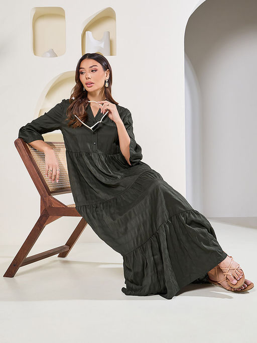 khaki tiered maxi dress Khaki Scarf Print Satin Tiered Maxi Skirt