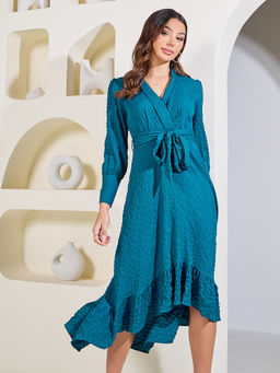 Styli - Womens Teal Dobby Textured High Low Ruffle Hem Midi Dress With Self Tie Up (Set of 2)