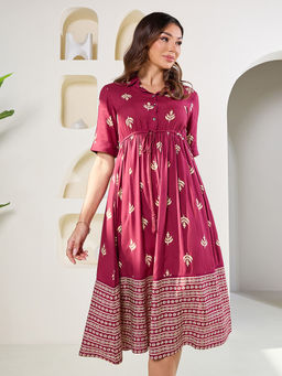 Styli - Womens Wine Leaf Damask Print Collared Waist Tie Up Midi Dress